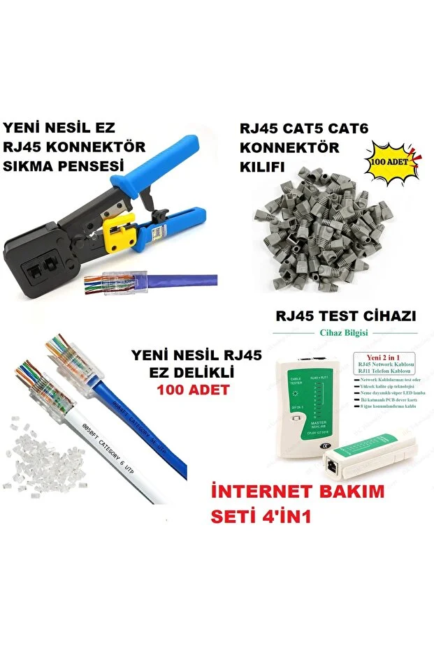 Yeni Nesil Rj45 Rj11 Cat5 Cat6 Konnektör Pensesi + Yeni Nesil Rj45 100'lü Jak + 100'lü Cover Kılıf + Rj45 Rj11 Test Cihazı Network
