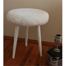 Neta Home Ahşap Ayak Dekoratif Beyaz Peluş Puf Tabure Bench Yuvarlak Koltuk Sandalye Beyaz