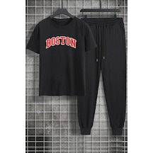 Uyguntarz Unisex Boston Baskılı 2'li Eşofman Takımı Siyah