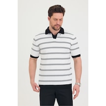 Cool Tarz Erkek Polo Yaka Beyaz Çift Çizgi Detaylı Siyah Triko T-shirt Beyaz Beyaz