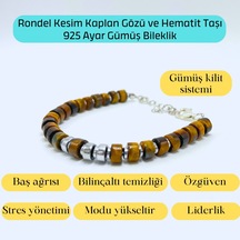 Yıldız Doğal Taş Rondel Kesim Kaplan Gözü ve Hematit Doğal Taş Gümüş Bileklik 6 MM