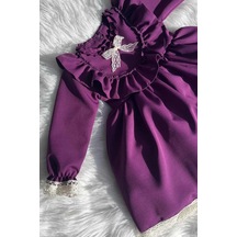 Dantel Ve Fırfır Detaylı Mor Kız Çocuk Bebek Tasarım Elbise 001