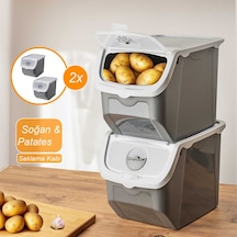 Porsima Coral 2'li Çok Amaçlı Plastik Patates Soğan Sarımsak Saklama Kutusu 12 Litre - Gri