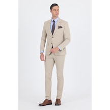 İmza Bej Mono Yaka Yarım Astar 6 Drop Slim Fit Beli Lastikli Takım Elbise 1001250121 Bej