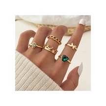 Lavin 6 Adet Yeşil Taşlı Aşk Temalı Şık Vintage 14 Şubat Sevgiliye Hediye Gold Altın Yüzük Seti