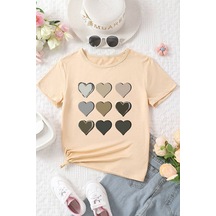 Uyguntarz Çocuk Kalp Baskılı Pamuklu Tshirt Bej