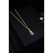 925 Ayar Gümüş Gold Kaplama Mavi Opal Yuvarlak Kolye