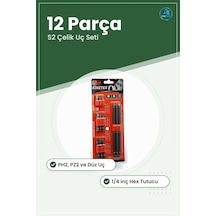 Matkap Bit Uç Seti 12 Parça Ph2 Pz2 Düz S2 Çelik Vidalama Ucu 1/4