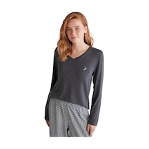 Kadın Patlı V Yaka Uzun Kollu Pijama Takımı İndigo