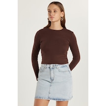 Tudors Kadın Slim Fit Dar Kesim Bisiklet Yaka Kahverengi Bluz-33482 Kahverengi