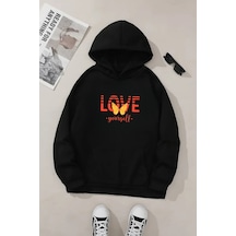 Unisex Siyah Kapüşonlu Sweatshirt Love Yourself Baskılı, Şardonlu Kalın Kumaş Siyah