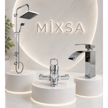 Lüx Krom Robot Duş Seti Banyo Bataryası Premium Şelale Akışlı Lavabo Bataryası 3'lü Set Çift Su Girişli Batarya