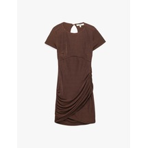 Koton Pencere Detaylı Kısa Kollu Bisiklet Yaka Drapeli Bodycon Mini Abiye Elbise Kahverengi 6wak80043fk Kahve