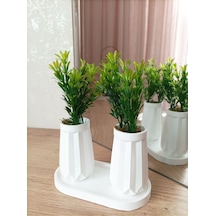 Mini Düz Desenli Beton Saksı İkili Ve Oval Tabak-yapay Çiçek Hediyeli - Yeşil