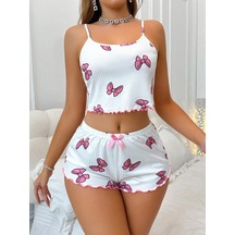 Mega Fair Kadın Fiyonklu Beyaz Şortlu Pijama Takımı Çok Renkli