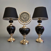 Gold Metal Detaylı Siyah Abajur Ve Saat Set Diğer
