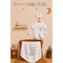 Pia Baby Erkek Bebek Yeni Doğan Tulum Seti 4 Lü %100 Pamuk İsimli Organik Baskılı Battaniyeli 2040bt3x Krem