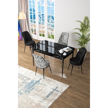Canisa Kor Serisi 70x114 Açılabilir Mutfak Masası Takımı Siyah Mermer Desen Masa 2 Zebra 2 Siyah Sandalye Masa Siyah Mermer Desen Siyah Ve Zebra Sandalye