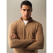 Xint Camel Regular Fit Fermuarlı Yarım Balıkçı Yaka Pamuklu Kazak 8016