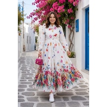 Hb Harma Time Butik Kadın Düğmeli Çiçek Desenli Modal Beyaz Elbise Beyaz Beyaz