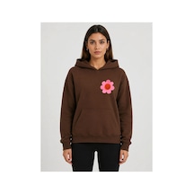 Herkesemoda Emoji Çiçek Baskılı Kapüşonlu 2 İplik Şardonlu Sweatshirt Kahverengi