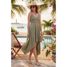 Lela Asimetrik Kesim Regular Fit Midi Boy Askılı V Yaka Bayan Elbise 5866131 Olive