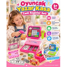 Oyuncak Barkod Okuyucu Yazar Kasa Hesap Makineli Cash Register Süpermarket Kasiyer Oyunu Alışveriş Seti Pembe