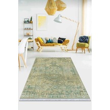 Yeşil Vintage Dokuma Pamuk Tabanlı Kaymaz Kilim Klm101n11