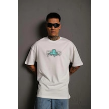 Wear Vexel Erkek Kısa Kol Yazlık Tişört Bisiklet Yaka Baskılı Oversize T-shirt - Beyaz Çok Renkli