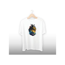 Palmiye Detaylı Unisex Tişört Beyaz