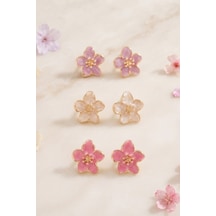 Mor Pembe Sakura Çiçek 3'lü Set Küpe Renkli