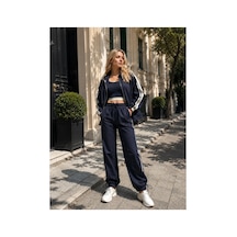 Kadın Lacivert Spor Takım Şerit Detaylı Crop, Oversize Ceket Ve Lastikli Bağcıklı Pantolon - 2322 S