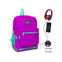 Coral High Nakış Logolu Usb Şarjlı Kulaklık Çıkışlı Koyu Pembe Sırt Çantası