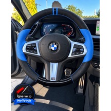 Bmw F30 Dikme Direksiyon Kılıfı Delikli Deri Parlak Siyah Mavi Detay Çift Yüzük Ve Dikiş 2012-2019