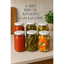 Rotanev 6 Adet 1000 ml Metal Beyaz Konserve Kapaklı Şeffaf Paşabahçe Menemen Turşuluk Cam Kavanoz