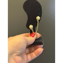 2 Li Tek Kulak Zincirli İncili Çiçek Kadın Küpe Zincir Boy 9 Cm Renkli