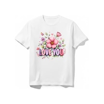 Urbantrendstore Çicek Temalı Love You Unisex Kız Çocuk Bisiklet Yuvarlak Yaka Basic Kısa Kollu %100 Pamuk Tişört Beyaz