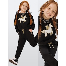 Deno Kids Denokids Kız Çocuk Peluş Unicorn %100 Panuk Kalın Siyah Eşofman Takım Eğlenceli Tasarım 3-8 Yaş Çok Renkli