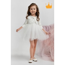 Babyhola Minimony 6-24 Ay Mine Desen Ceketli Kız Bebek Çocuk Bayramlık Abiye Gelinlik Elbise Takım 1013 Beyaz