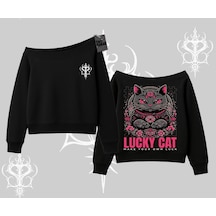 Lucky Cat Japon Tarzı Kedi Baskılı Kayık Yaka Sweatshirt Siyah