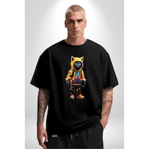 Spor Eşofman Takımı Sarı Kedi İnsan Pamuklu Bisiklet Yaka Unisex Oversize Boyfriend Dijital Baskılı Siyah T-shirt Siyah