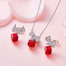 Monemel Kristal Taşlı Kırmızı Köpekli Kolye Ve Küpe Set Altın Kaplama N02401set Gümüş - Rodyum