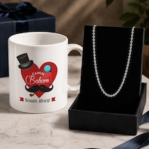 Bk Gift Kişiye Özel Babalar Günü Tasarımlı Beyaz Kupa & Forse Zincir Kolye -1, Babalar Günü Hediyesi Gümüş