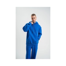 Erkek 3 İplik Oversize Kapşonlu Basic Sweatshirt Hoodie - Mavi
