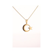 Altın Renk Ay Yıldız Çelik Kolye Kararmaz Paslanmaz Çelik Anlamlı Ve Şık Unisex Altın