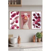 Doğal Ahşap Çerçeveli Pembe Tatlı Temalı Duvar Tablosu 3 Lü Set Sevimli Ördek Ve Makaron Desenli Modern Dekorasyon Kabartma Görünümlüdür Bej