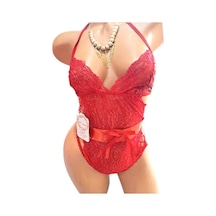 Onsekiz18shop Fantezi Parlak Dantelli Tanga Bodysuit Kırmızı