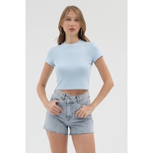 Urbantrendstore Kadın Bisiklet Yaka Likralı Kısa Kol Body Crop Bluz Günlük Şık Sade Yazlık Casual Crop Kadın Crop Mavi