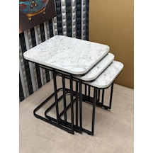 3 Lü Zigon Sehpa Seti Metal Ayaklı Ahşap Desen Tabla Modern Tasarım Beyaz Mermer