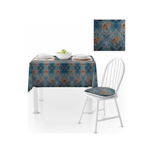 Damask Desenli Mavi Zemin Dijital Baskılı Süet Dokuma Masa Örtüsü 140x220